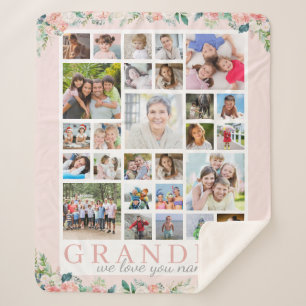 Couverture Sherpa GRANDMA Photo Collage Floral Blush Pink