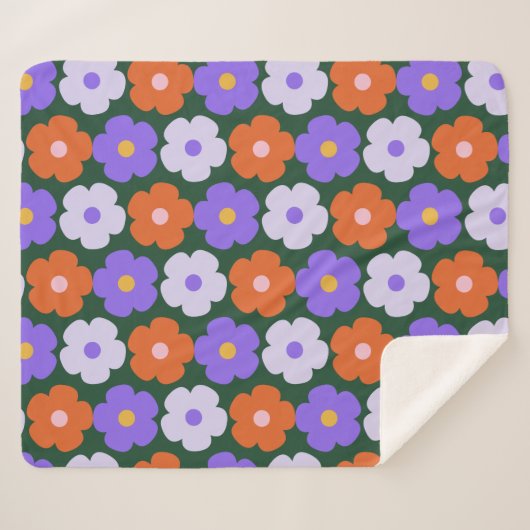 Couverture Sherpa Gras les années 70 Fleur rétro Motif violet vert d (Devant (Horizontal))