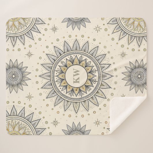 Couverture Sherpa Gray Gold Mandala Pattern Monogram (Devant (Horizontal))