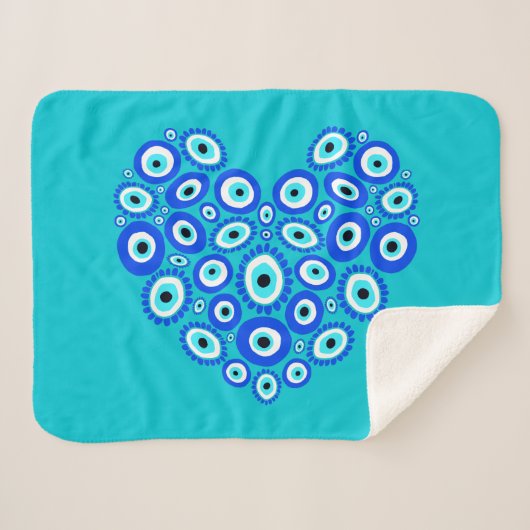 Couverture Sherpa Grec Oeil amour Coeur Bleu et Blanc (Devant (Horizontal))