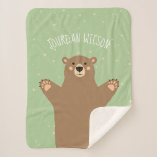 Couverture Sherpa Green Woodland Brown Bear Ajoutez votre nom Baby