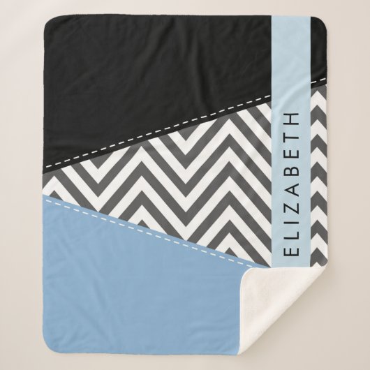 Couverture Sherpa Grey Zigzag, Grey Chevron, Bleu, Votre Nom (Devant)