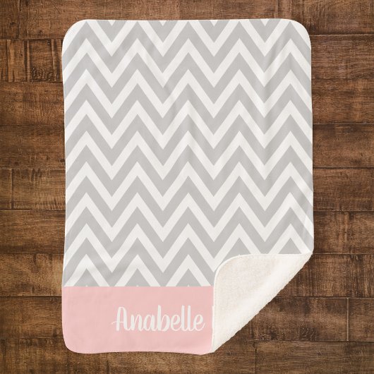 Couverture Sherpa Gris et rose chevron bébé monogrammé