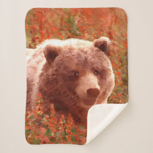 Couverture Sherpa Grizzly Bear Cub dans Fireweed Peinture Art de la