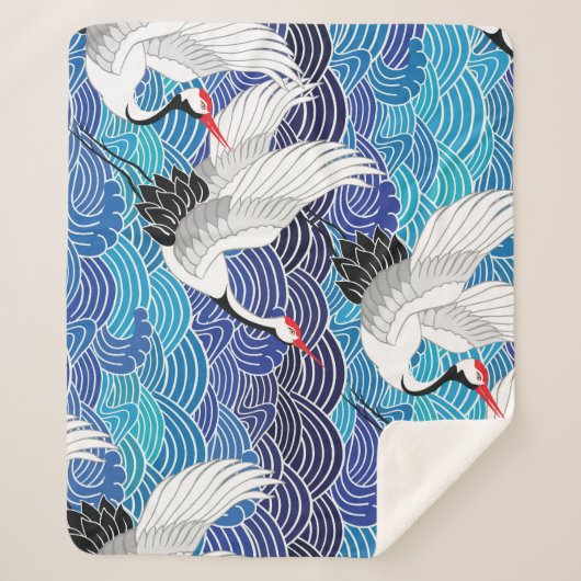 Couverture Sherpa Grue japonaise : Motif orné d'oiseaux. (Devant)