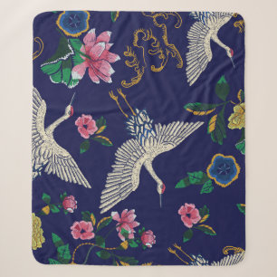 Couverture Sherpa Grues brodées et fleurs, vintage transparent p