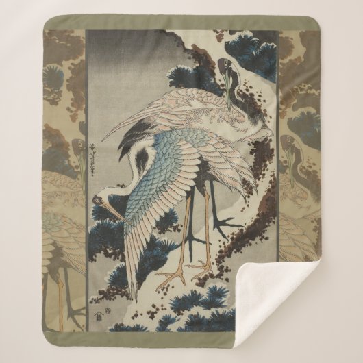 Couverture Sherpa Grues sur un pin couvert de neige Hokusai (Devant)