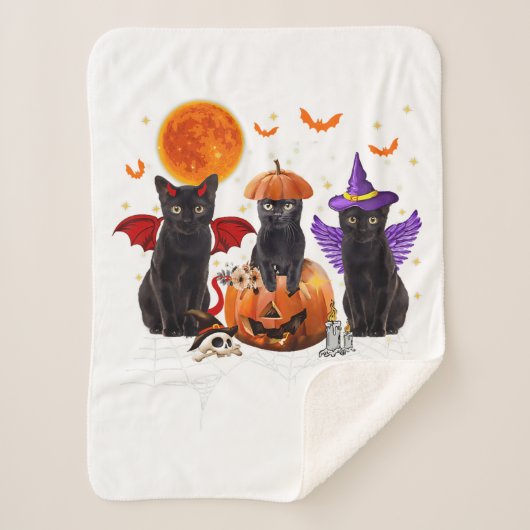 Couverture Sherpa Halloween Chat Noir, Chat Noir Assis Sur Citrouill (Devant)