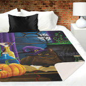 Couverture Sherpa Halloween sorcière chat violet magie