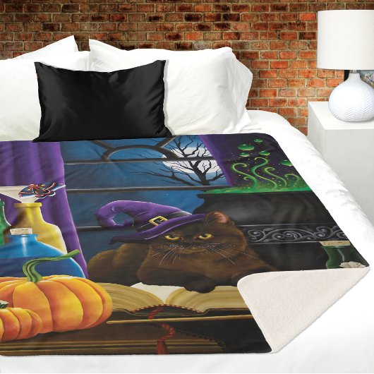 Couverture Sherpa Halloween sorcière chat violet magie