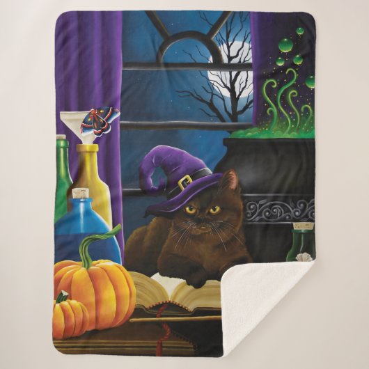 Couverture Sherpa Halloween sorcière chat violet magie (Devant)
