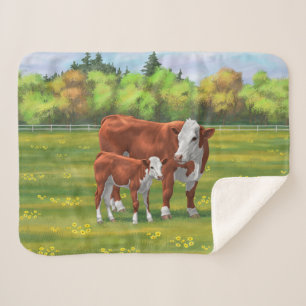 Couverture Sherpa Hereford Cow & Cute Calf dans les pâturages d'été