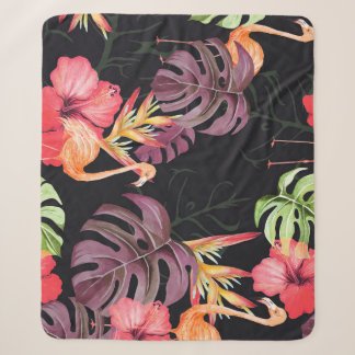 Couverture Sherpa Hibiscus, Flamants roses, Aquarelle Motif tropical