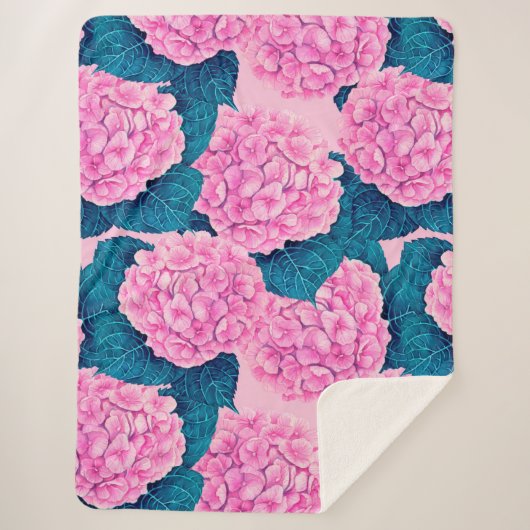 Couverture Sherpa Hydrangea aquarelle motif, rose et bleu (Devant)