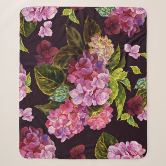 Couverture Sherpa Hydrangée, foncé, motif floral transparent.