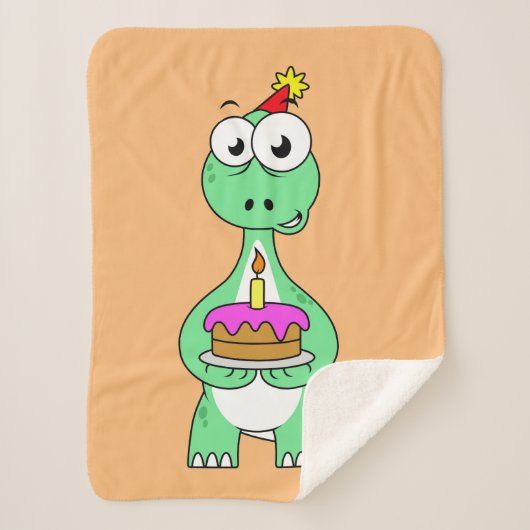 Couverture Sherpa Illustration Du Brontosaurus Avec Gâteau D'Anniver (Devant)