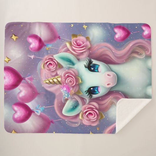 Couverture Sherpa Imaginaire Bébé blanc licorne avec Coeurs roses (Devant (Horizontal))