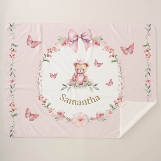 Couverture Sherpa Imaginaires floraux roses et oursons en peluche (Devant (Horizontal))