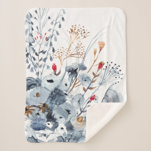 Couverture Sherpa Indigo & Ochre - Fleurs aquarelles (Devant)