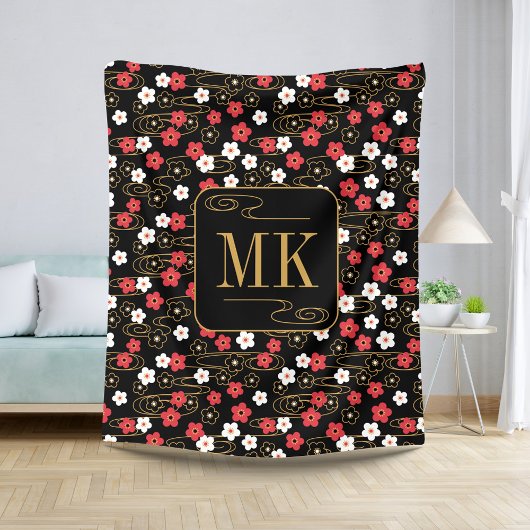 Couverture Sherpa Initiales du monogramme noir Sakura en fleurs