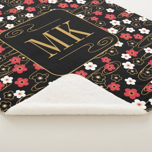 Couverture Sherpa Initiales du monogramme noir Sakura en fleurs (3/4)