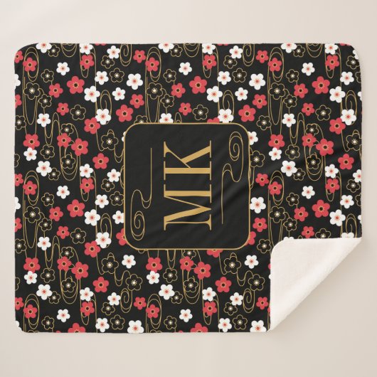 Couverture Sherpa Initiales du monogramme noir Sakura en fleurs (Devant (Horizontal))