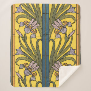 Couverture Sherpa Iris Fleur Art Nouveau Vitrail Bleu Or