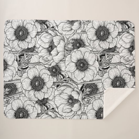 Couverture Sherpa Jardin d'anémones en noir et blanc (Devant (Horizontal))