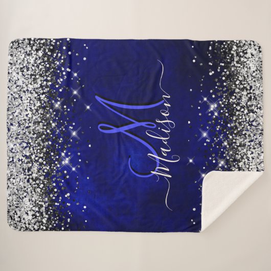 Couverture Sherpa Joli bleu royal argent faux parties scintillant mo (Devant (Horizontal))