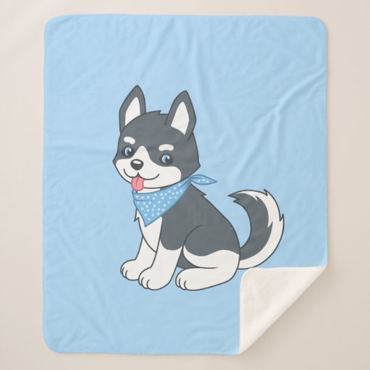 Couverture Sherpa Joli dessin Husky Chien chiot sur bleu (Devant)