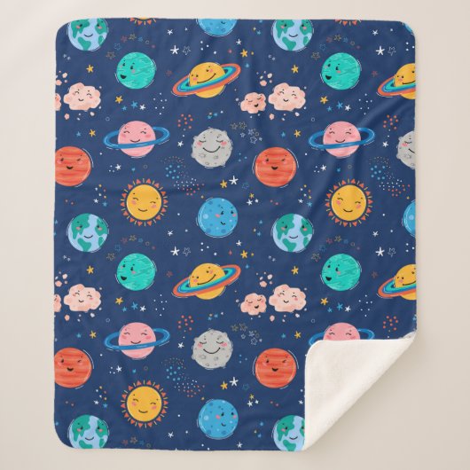 Couverture Sherpa Joli Motif Planète Souriante (Devant)