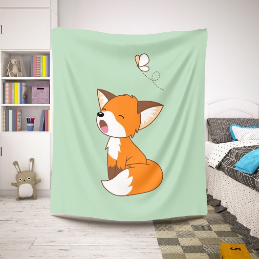 Couverture Sherpa Joli petit renard doré sur vert