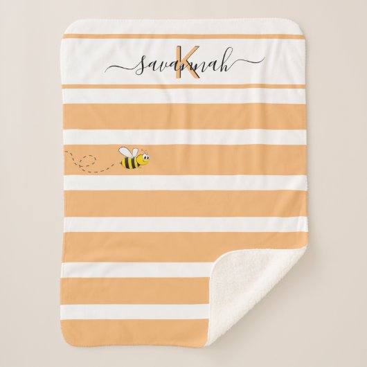 Couverture Sherpa Jolie abeille jaune orange blanc rayures monogramm (Devant)