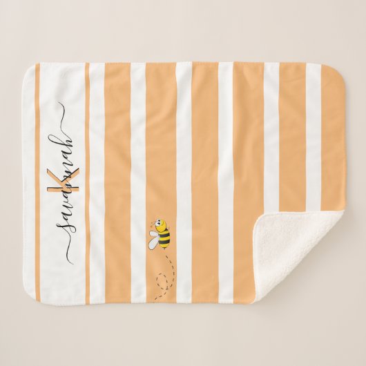 Couverture Sherpa Jolie abeille jaune orange blanc rayures monogramm (Devant (Horizontal))