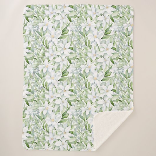 Couverture Sherpa Jolie aquarelle Fleurs blanches Sage Vert Foliage (Devant)