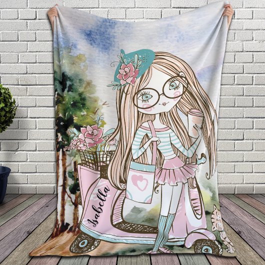 Couverture Sherpa Jolie fille Scooter Doodle Nom personnalisé