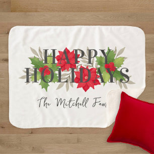 Couverture Sherpa Joyeuses Fêtes Poinsettia Nom de Famille Blanc