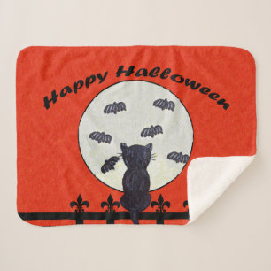 Couverture Sherpa Joyeux Halloween Chat noir Fence Lune Bats Volant