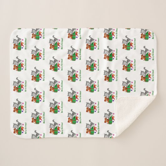 Couverture Sherpa Joyeux Noël avec chat et chiot (Devant (Horizontal))