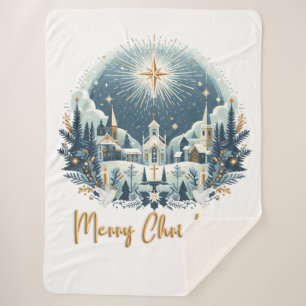 Couverture Sherpa Joyeux Noël bleu et or