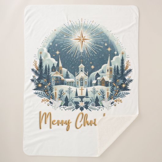 Couverture Sherpa Joyeux Noël bleu et or (Devant)