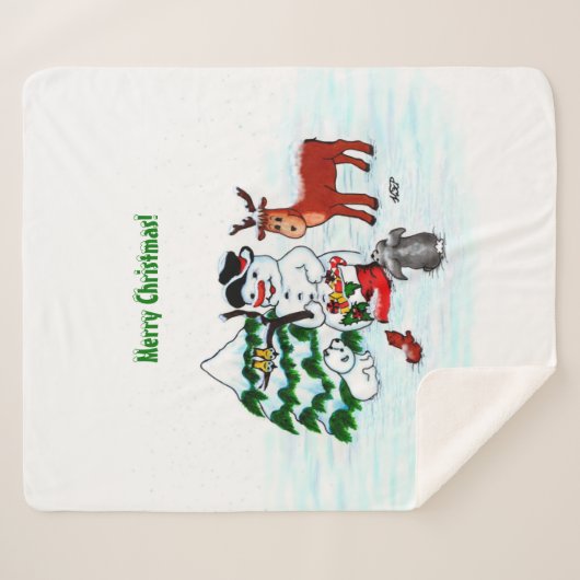 Couverture Sherpa Joyeux Noël ! Snowman avec amis (Devant (Horizontal))