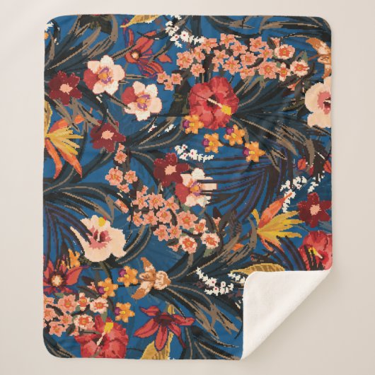 Couverture Sherpa Jungle Chic : Bleu foncé Exotique. (Devant)