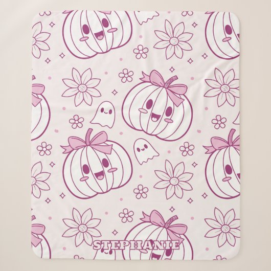 Couverture Sherpa Kawaii Citrouilles, Fantômes & Fleurs (Devant)
