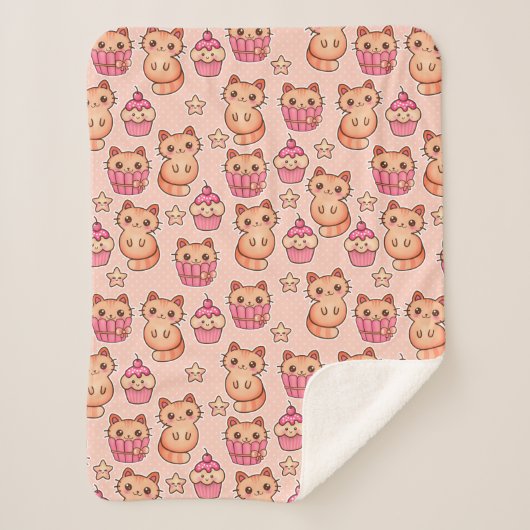 Couverture Sherpa Kawaii Cute Cats and Cupcakes Motif rose (Devant)