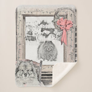 Couverture Sherpa Keeshond Noël hiver fenêtre Peinture Chien Art