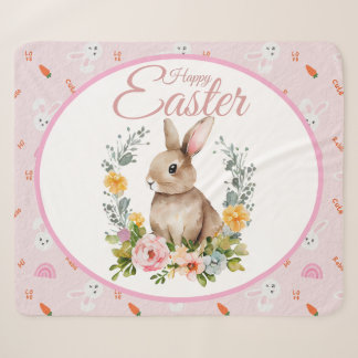 Couverture Sherpa Lapin de Pâques à l'aquarelle avec couronne floral