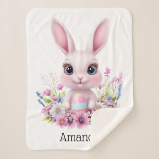 Couverture Sherpa Lapin Mignon Fleurs Roses avec Oeuf de Pâques