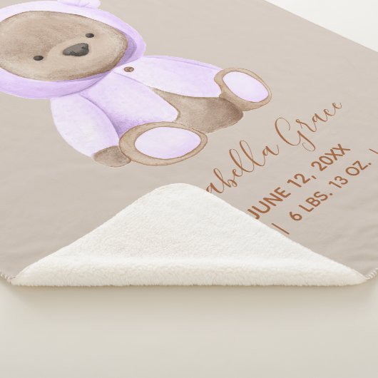Couverture Sherpa Lavender Teddy Bear Bébé statistiques de naissance (3/4)