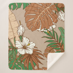 Couverture Sherpa Léopard fourrure tropicale feuille fleurs d'hibisc
